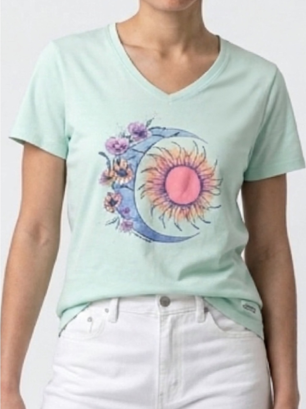 Life Is Good Mint V-Neck Tee with Sun & Moon Floral Graphic
